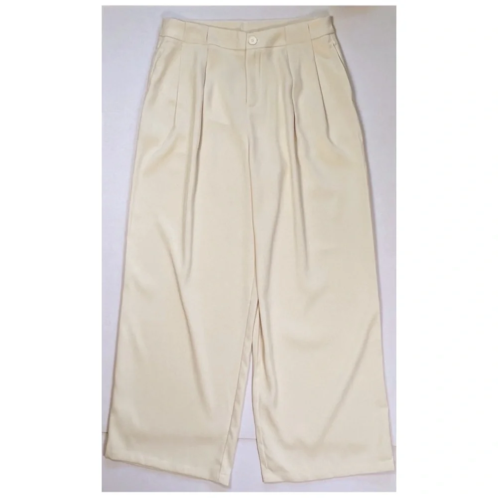 CIDER Women’s Size L Beige High Waist Pleated Wide Leg Pants Trousers Career